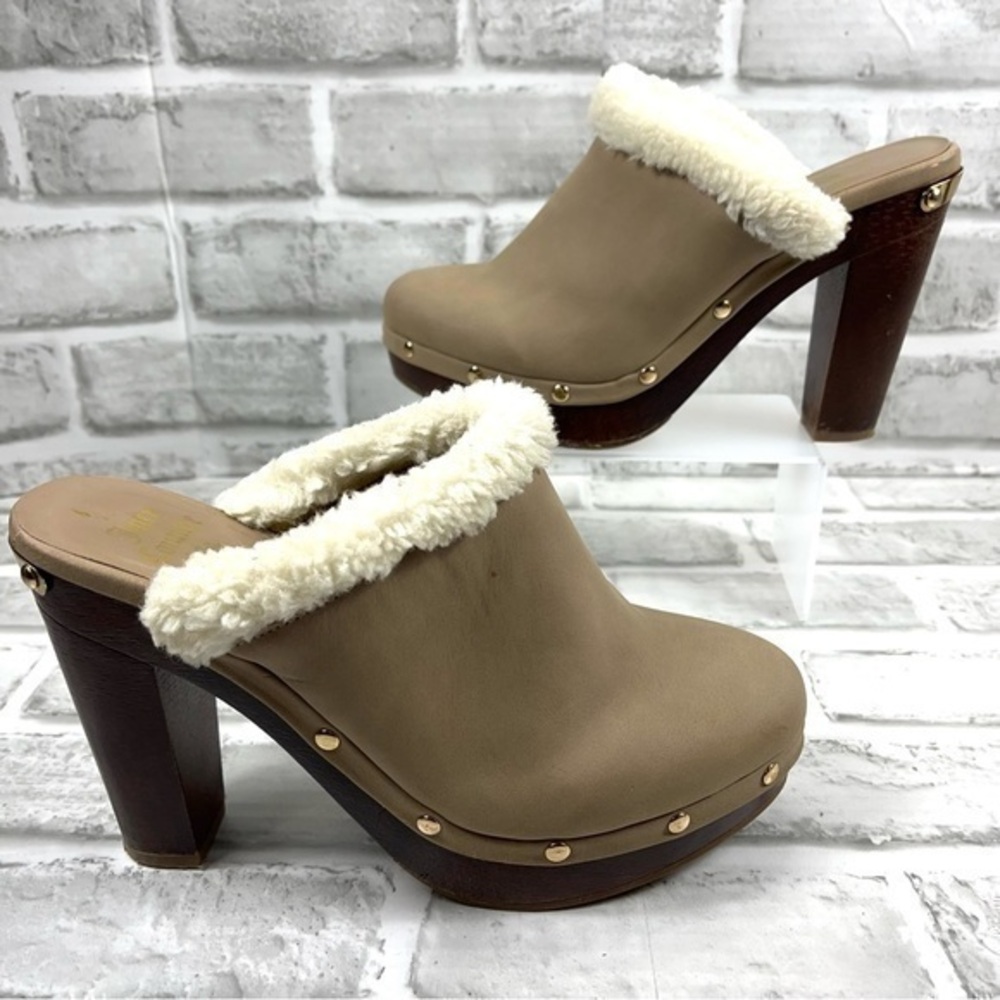 Juicy Couture Anora Women’s Size 8 Taupe Studded Shearling Lined Heeled Mules